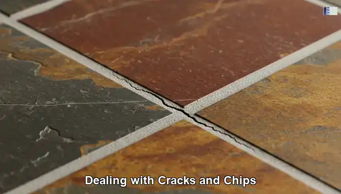 Cracked slate tile edge with dark soil collecting along the damaged line