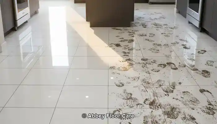Porcelain floor with dark grout lines and residue streaks after repeated mopping