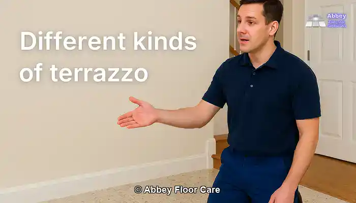 Floor cleaning technician explaining different types of terrazzo in a UK home