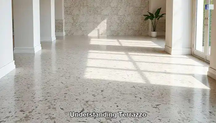 Cement-matrix terrazzo floor showing marble chips set in a Portland cement binder
