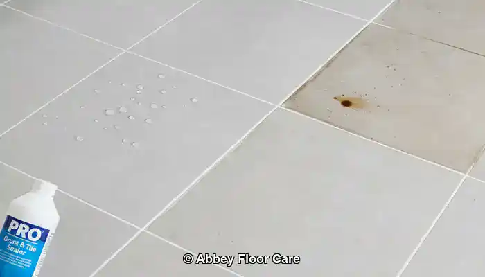 Porcelain floor with cloudy residue caused by uneven sealing and cleaning product build-up