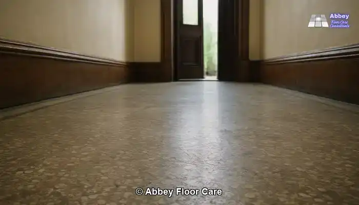 Aged terrazzo floor in a Glasgow hallway showing dullness and uneven colour.