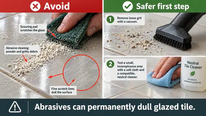 Warning against abrasive scrubbing on glazed ceramic tile