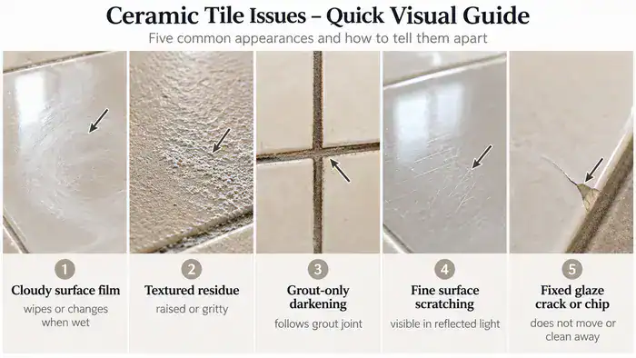 Common ceramic tile marks compared by appearance and likely cause