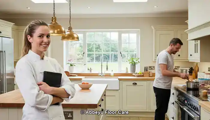 Limestone floor in busy kitchen