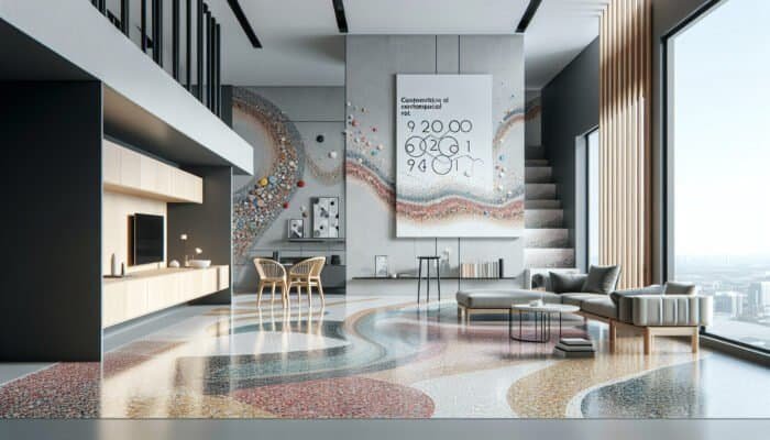 Modern interior with vibrant, swirling terrazzo flooring in a sleek, contemporary apartment.