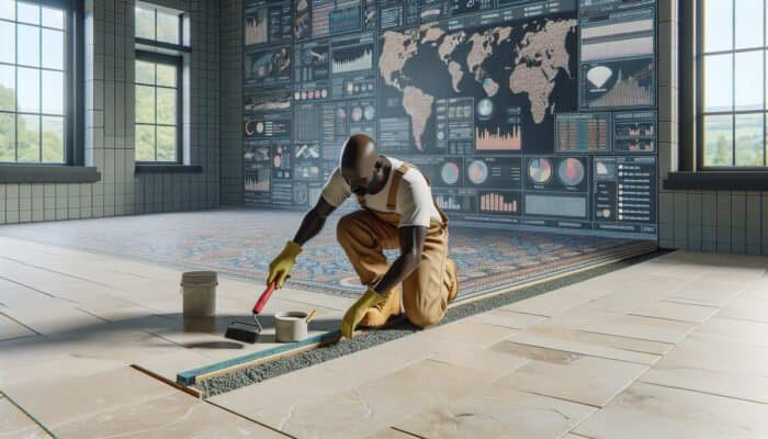 A craftsman finishing a Sorrento limestone floor in Dundee with grouting and sealing.