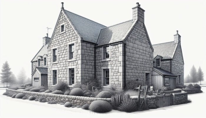 Exterior de ferme rustique en calcaire Clermont Gris, résistant aux intempéries de Fife, conservant beauté et intégrité.