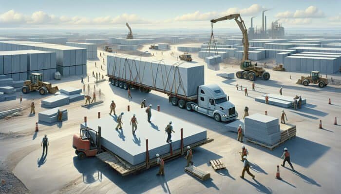 Truck delivering Clermont Gris limestone slabs to a construction site in Fife, workers unloading under clear sky.