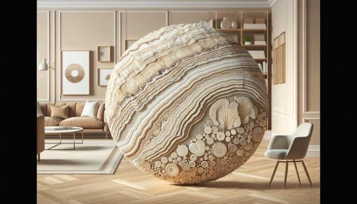 Cross-section of limestone with sedimentary layers and marine fossils, on warm home interior with limestone flooring.