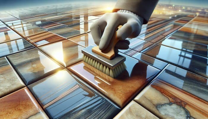 Newly sealed quarry tiles with a glossy finish, enhancing their natural colors and textures.
