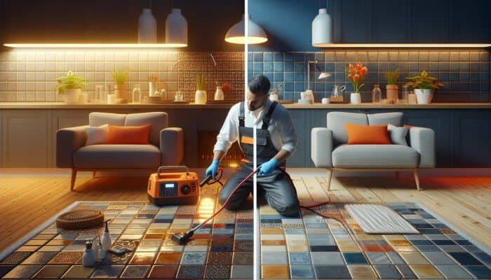 Ceramic tile floor looking clean but slightly dull under angled light, showing how appearance changes with residue and lighting.