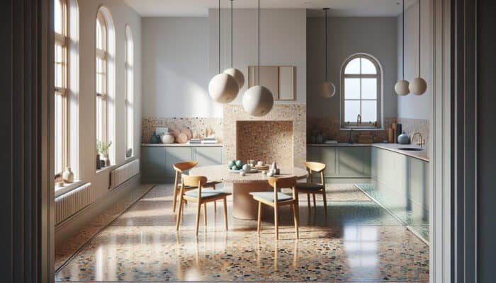 Examples of terrazzo floors in UK homes, showing different aggregate sizes and finishes.