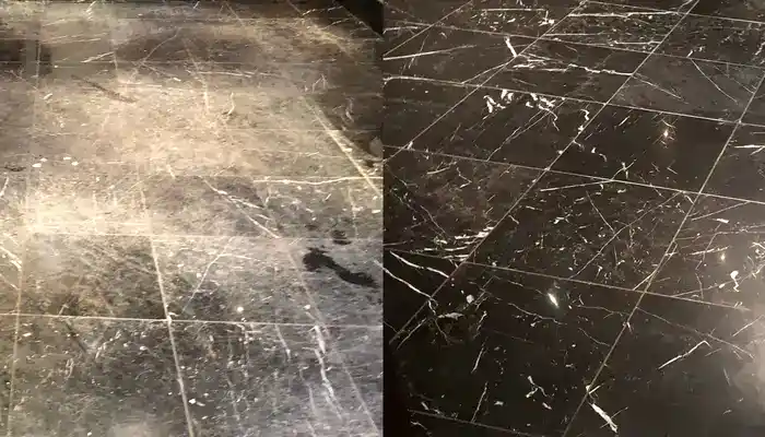Before and after marble floor restoration showing dull surface restored to polished finish