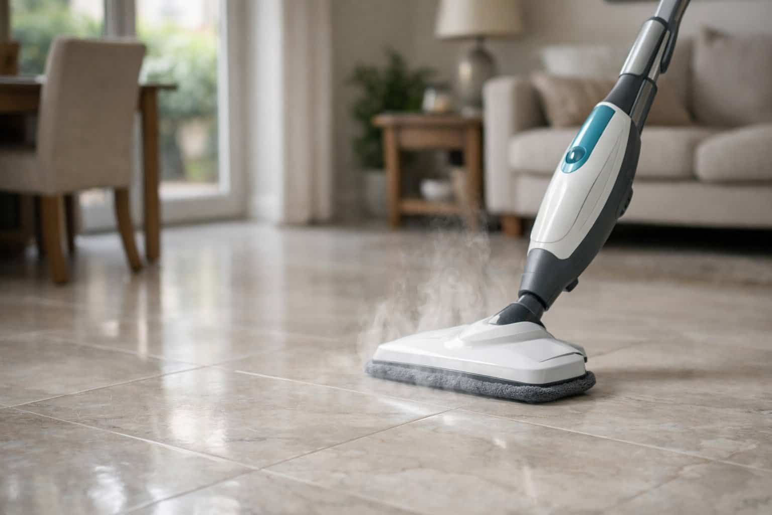 Steam cleaner positioned on a natural stone floor