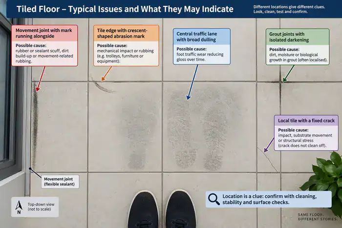 Floor tile layout showing mark locations and diagnostic clues
