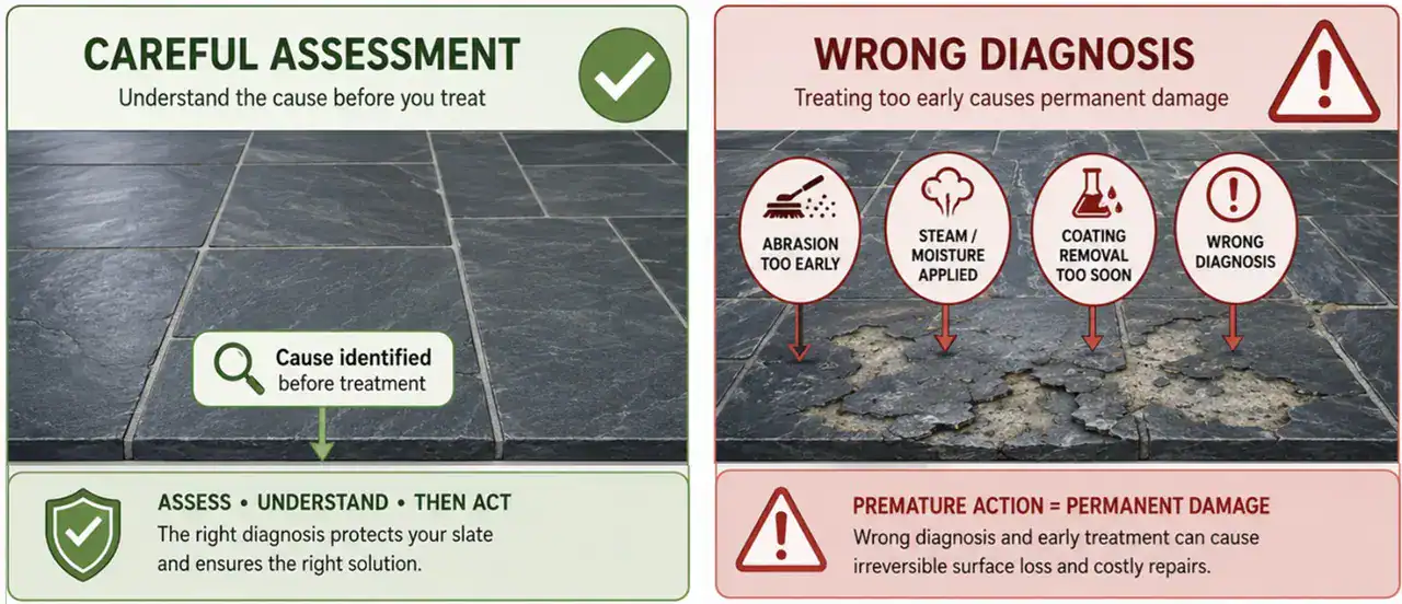 Comparison diagram showing safe slate diagnosis beside damaging guesswork